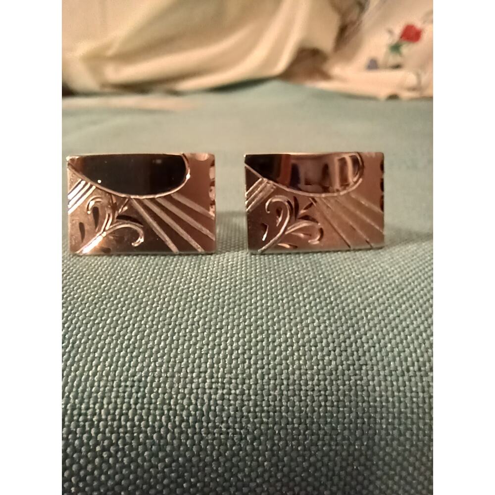 Sterling Silver Cuff Links Curved Rectangle Etched Brushed satin Diamond Cut EUC
